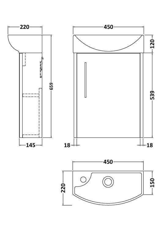 Hudson Reed Juno Compact 440mm Wall Hung Single Door Basin Unit 1 Tap Hole Right Hand Soft Close