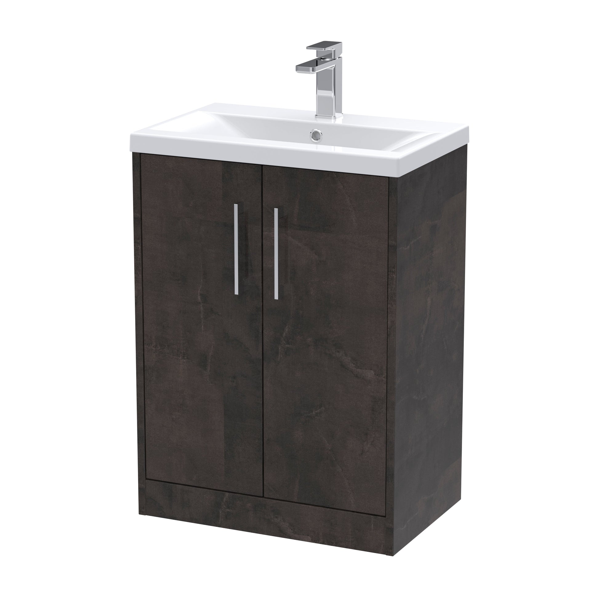 Hudson Reed Juno 600mm Metallic Slate Floor Standing 2 Door Vanity Unit with Ceramic Basin and Handles