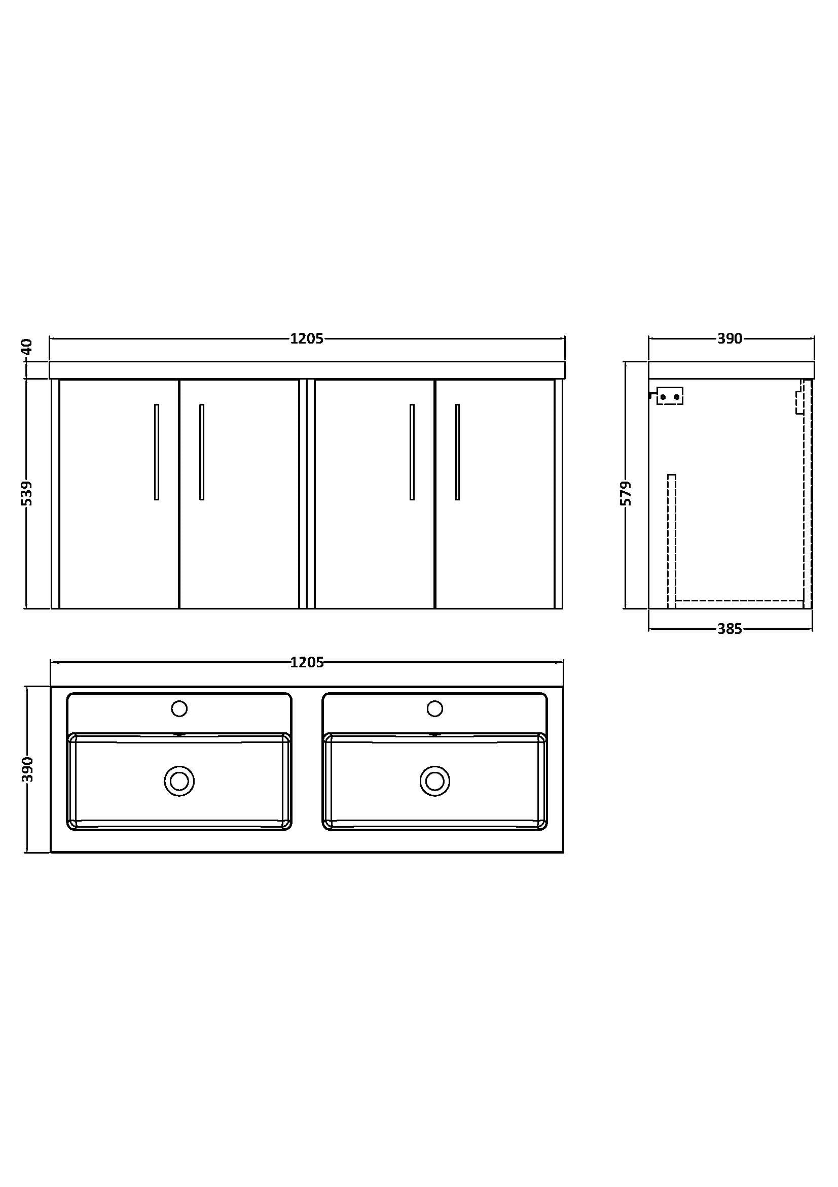 Hudson Reed Juno 1200mm Metallic Slate Wall Hung 4 Door Double Basin Vanity Unit with 2 Tap Holes