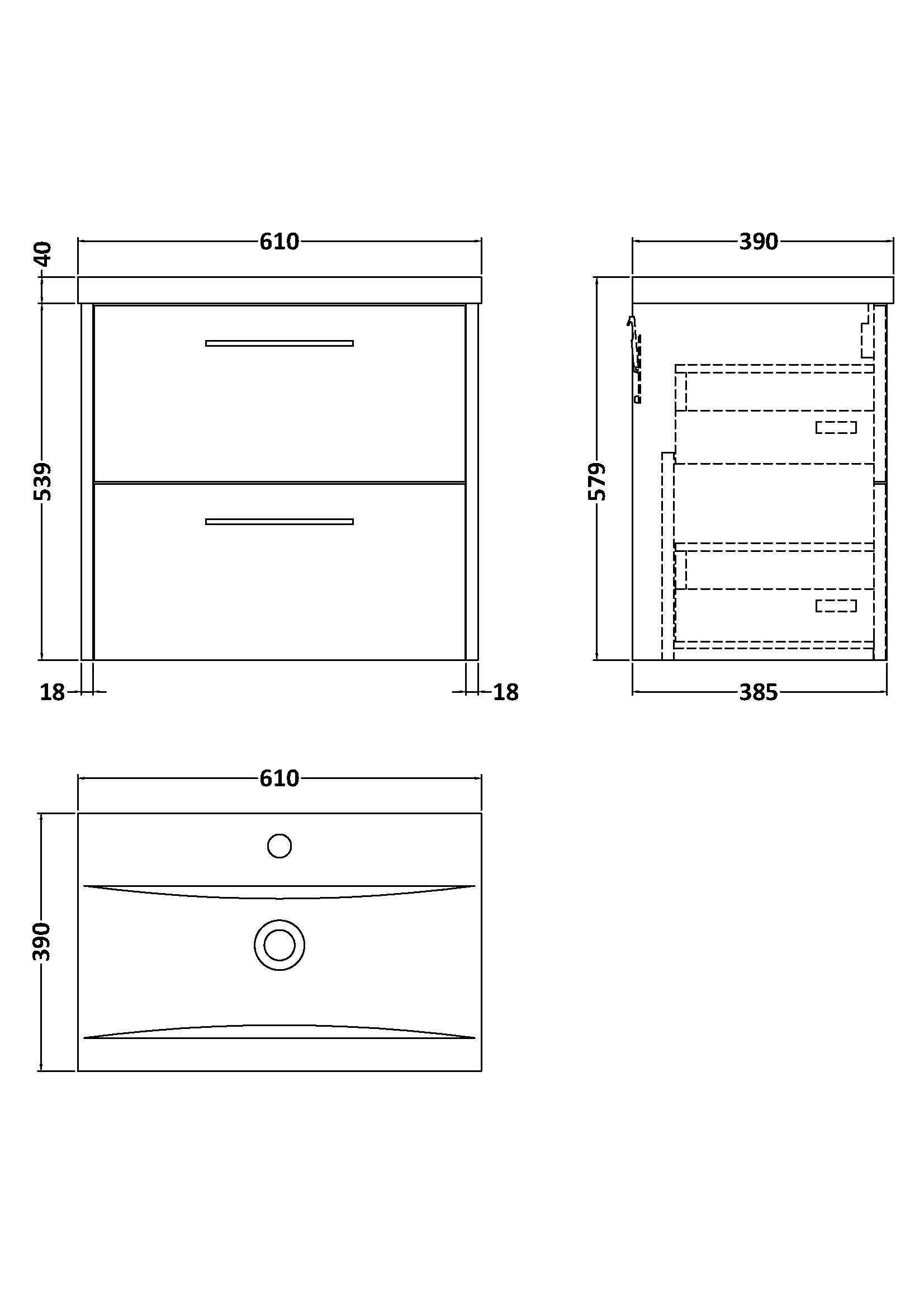 Hudson Reed Juno 610mm Wall Hung 2 Drawer Vanity Unit with Ceramic Basin