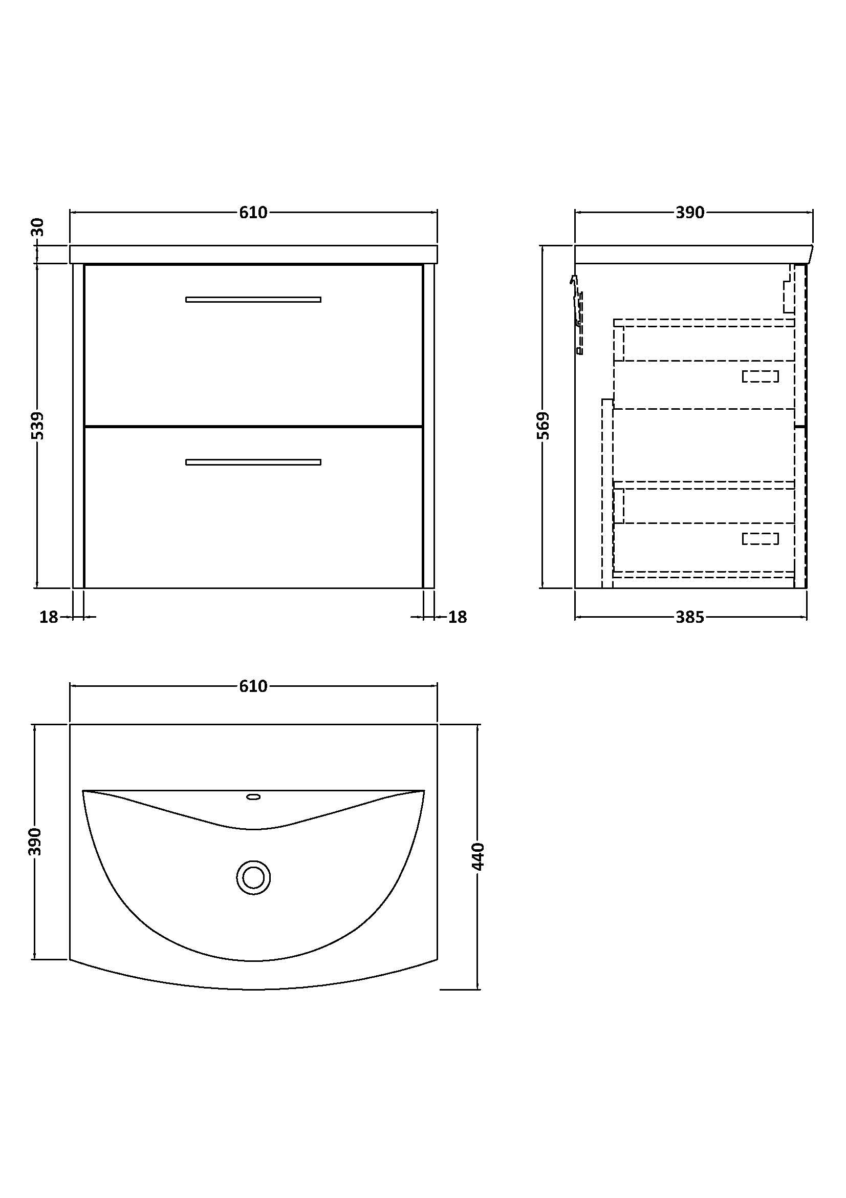 Hudson Reed Juno 600mm Wall Hung 2 Drawer Vanity Unit Including Curved Ceramic Basin