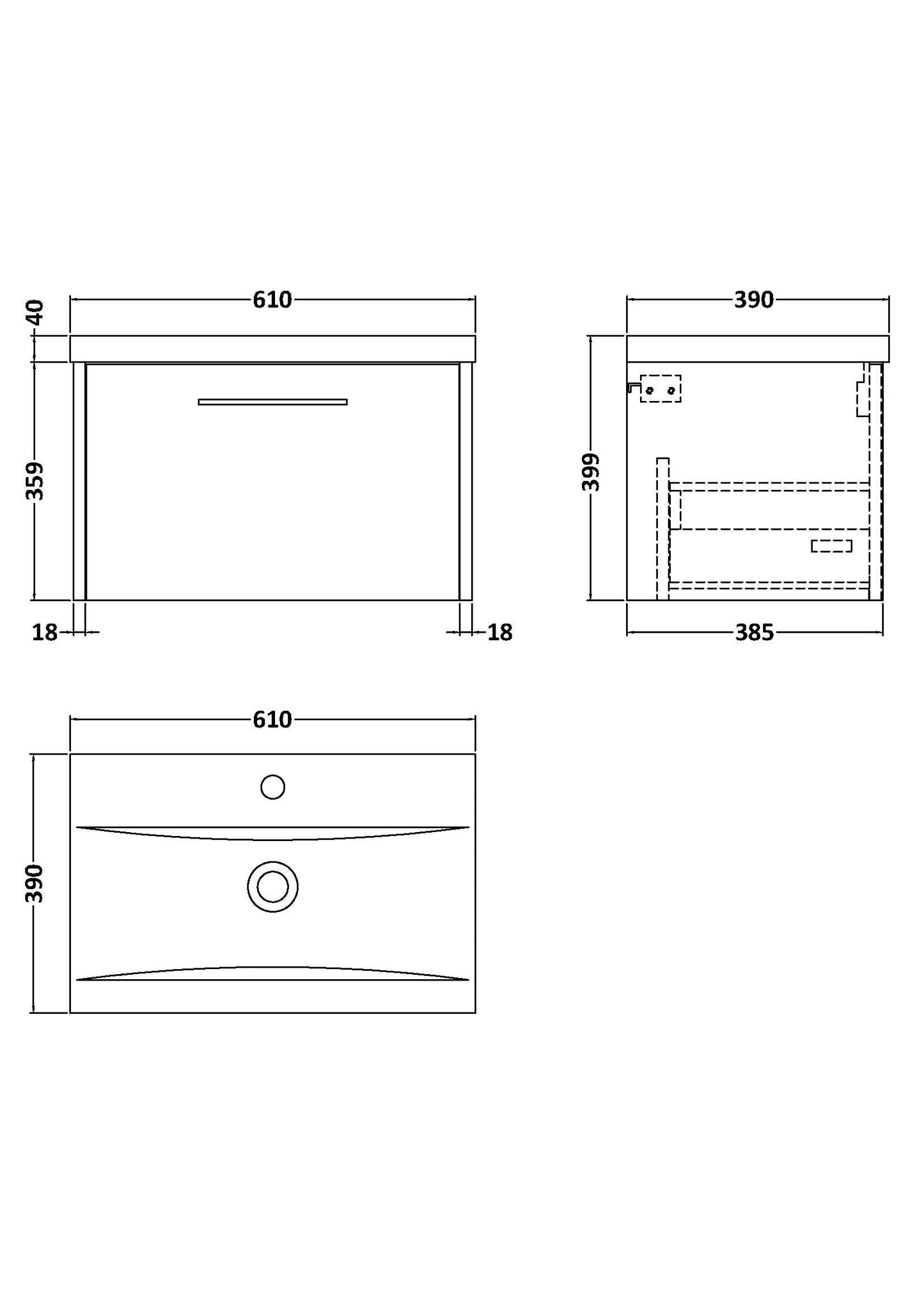 Hudson Reed Juno 600mm Wall Hung Single Drawer Vanity & Basin With Soft Close Drawers
