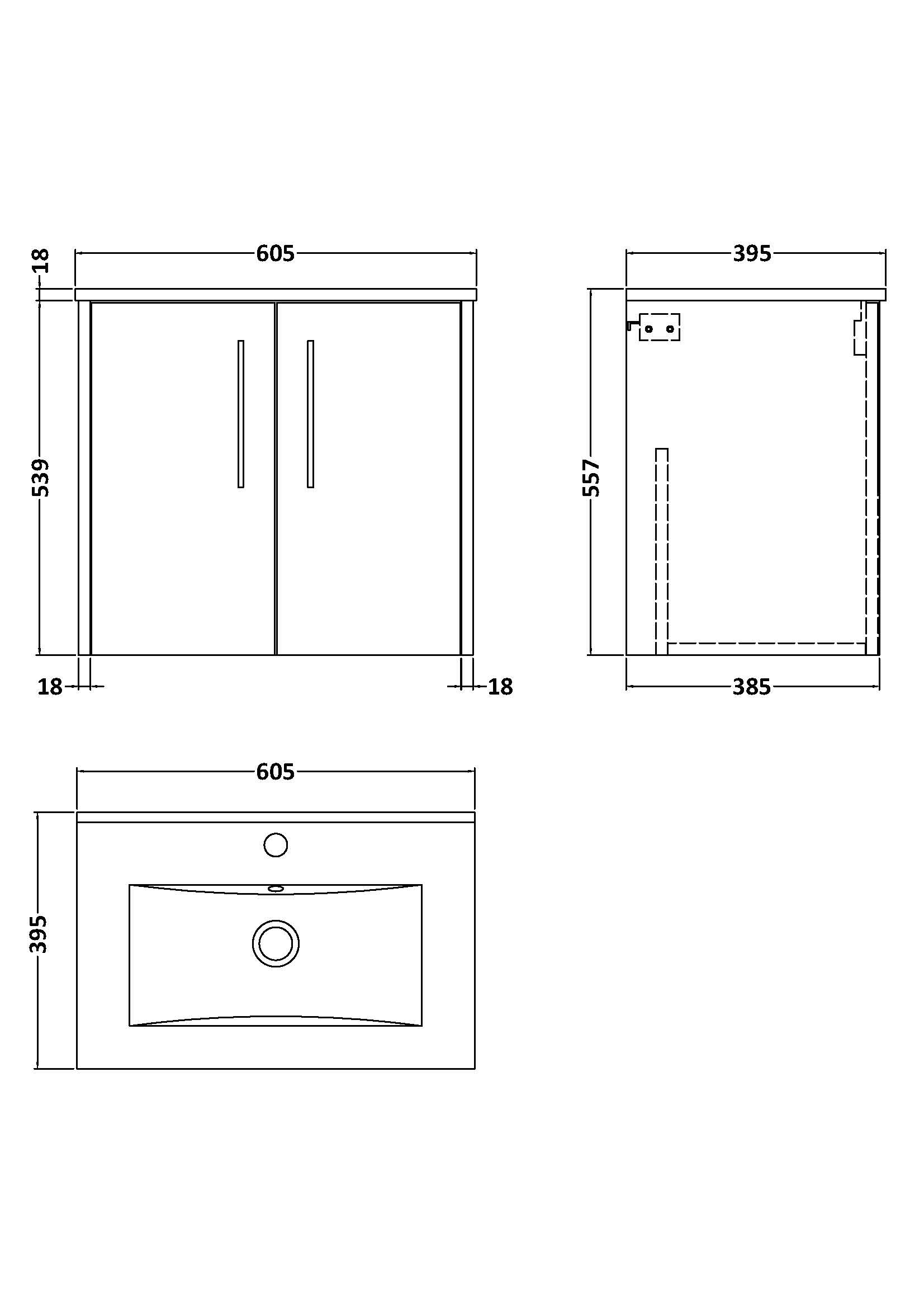 Hudson Reed Juno 600mm Wall Hung 2-Door Vanity & Basin With Handles