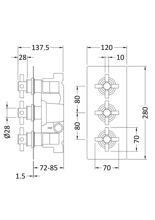 Tec Crosshead Triple Thermostatic Shower Valve With Diverter Brushed Brass