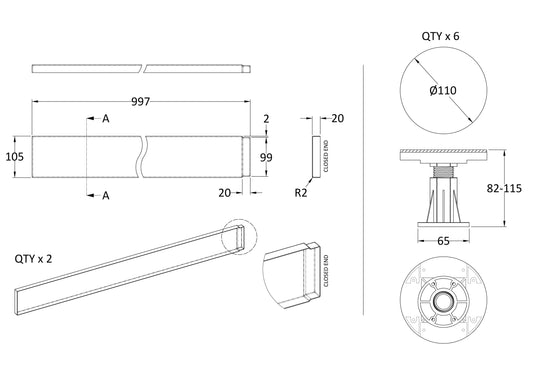 Hudson Reed 700-900mm Square & Rectangular Leg Set Including Plinth, Legs, Clips & Screws