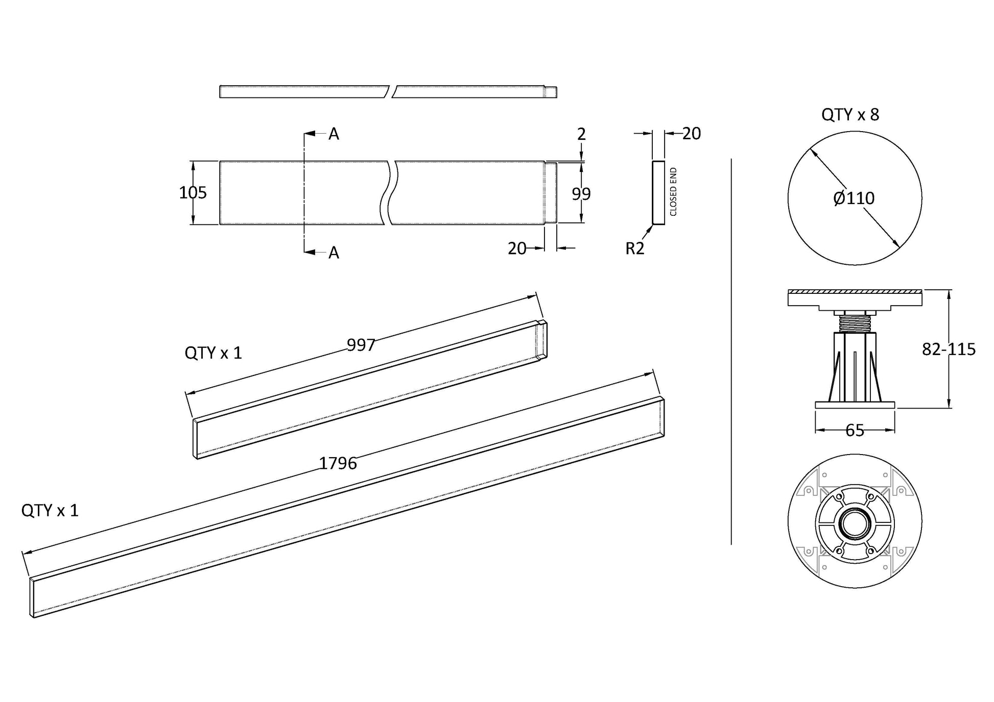 Hudson Reed 1100-1200mm Rectangular Shower Tray Leg Set With Plinth, Legs, Clips & Screws