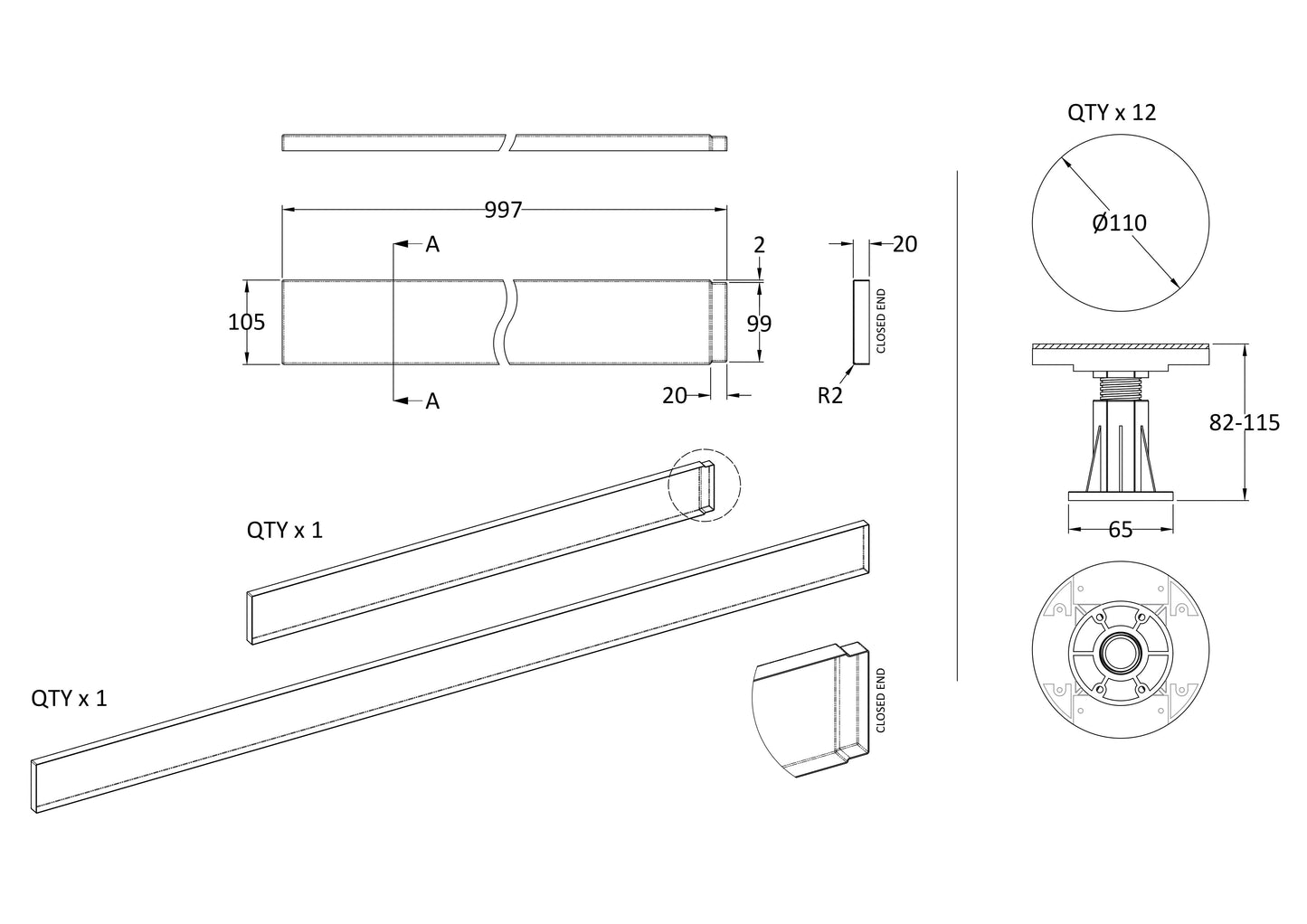 Hudson Reed 1300-1800mm Shower Tray Leg Set With Plinth, Legs, Clips & Screws