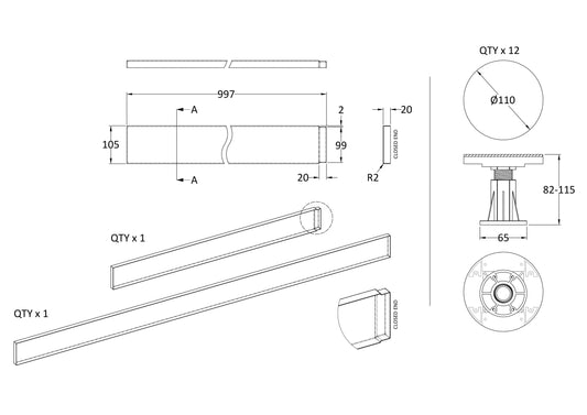 Hudson Reed 1300-1800mm Shower Tray Leg Set With Plinth, Legs, Clips & Screws