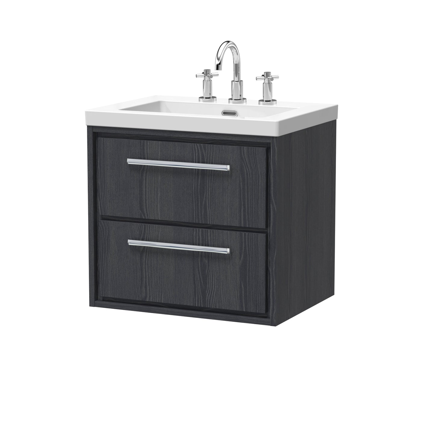 Hudson Reed Lille 600mm Graphite Grey Woodgrain Wall Hung 2-Drawer Vanity With 3 Tap Hole Basin