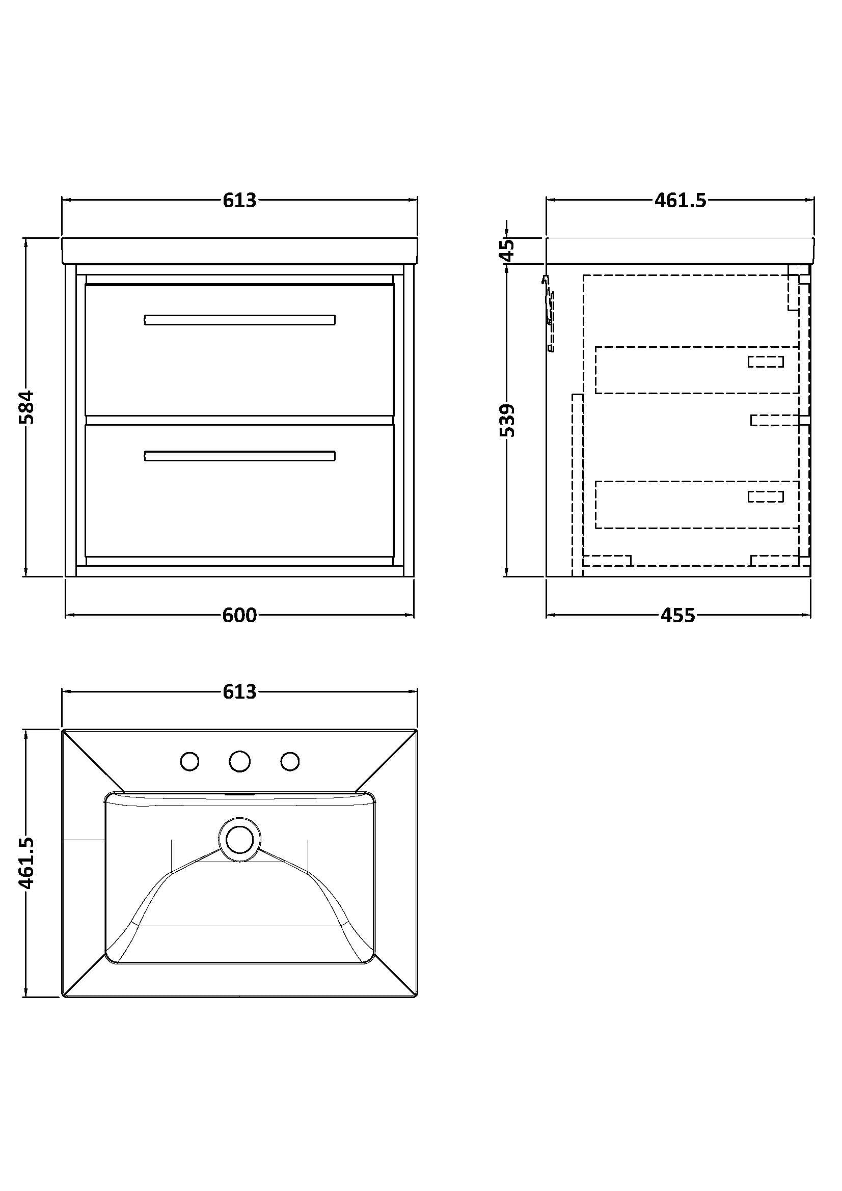 Hudson Reed Lille 600mm Graphite Grey Woodgrain Wall Hung 2-Drawer Vanity With 3 Tap Hole Basin