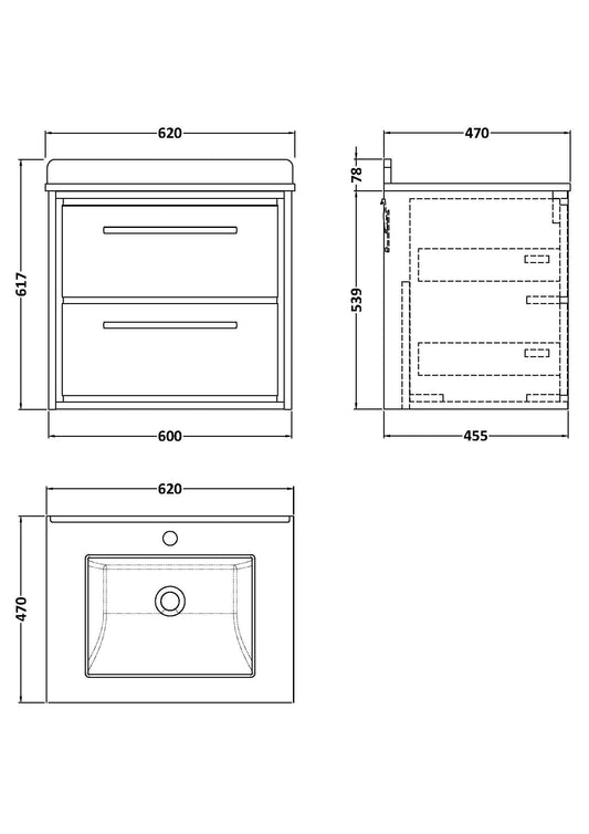 Hudson Reed Lille 600mm Wall Hung 2-Drawer Vanity Unit With Marble Top Basin