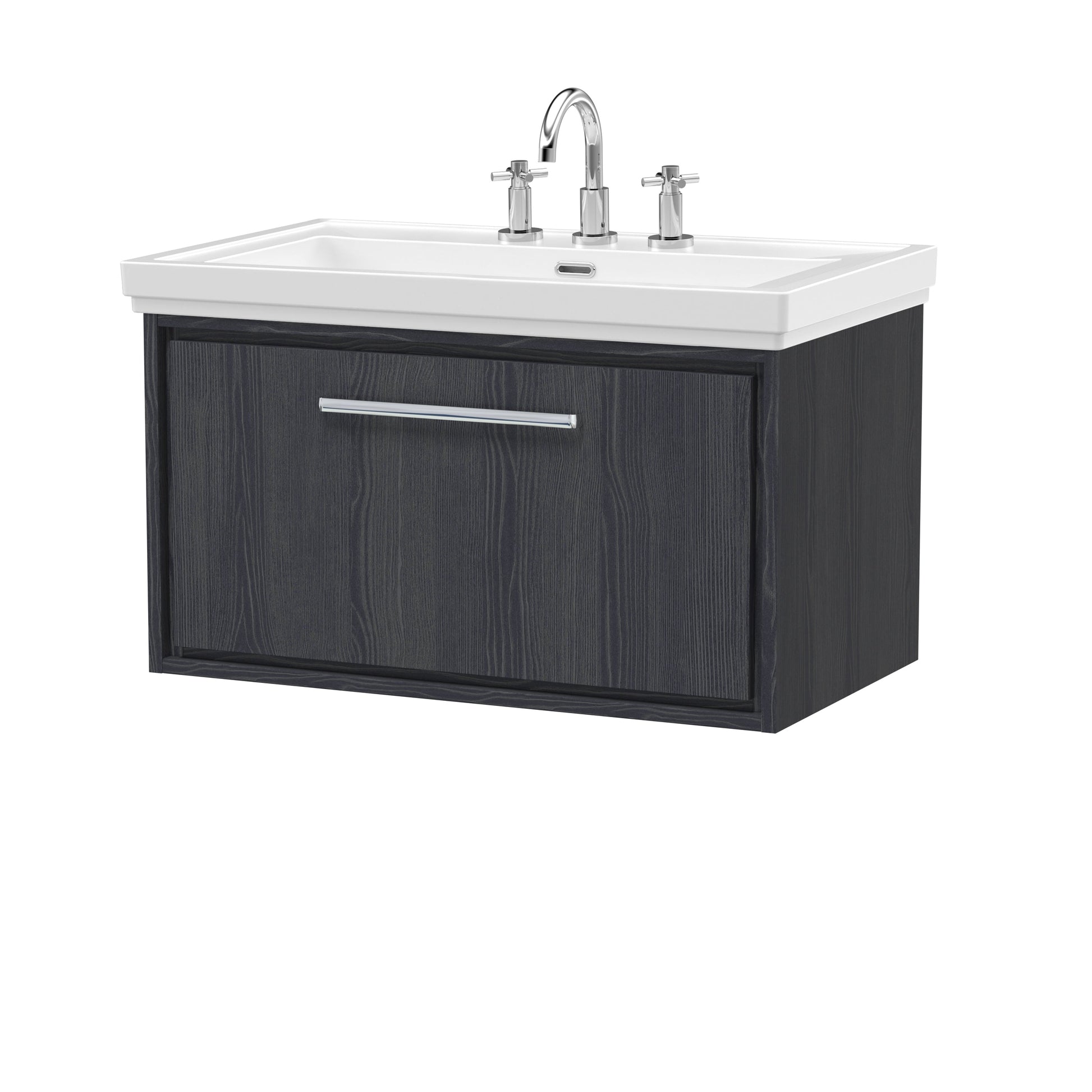 Hudson Reed Lille 800mm Graphite Grey Woodgrain Wall Hung Single Drawer Vanity Unit With 3 Tap Hole Basin