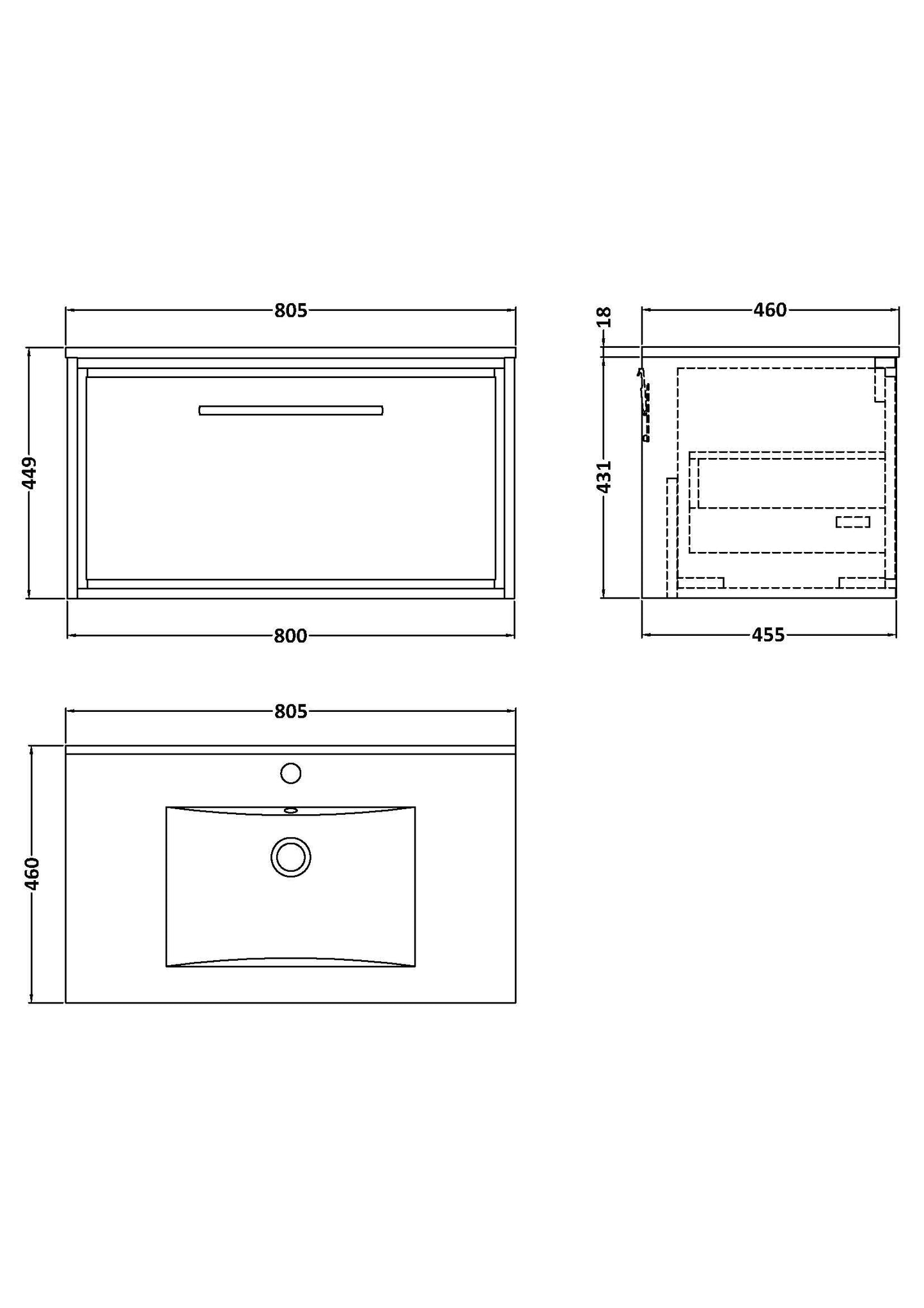 Lille 800mm Wall Hung Single Drawer Vanity with Basin - 1 Tap Hole