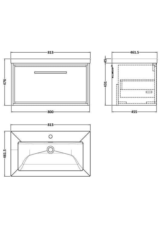 Lille 800mm Wall Hung Single Drawer Vanity with Basin - 1 Tap Hole