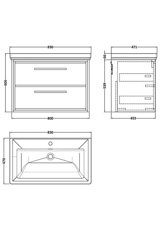 Lille 800mm Wall Hung 2-Drawer Vanity with Basin - 1 Tap Hole