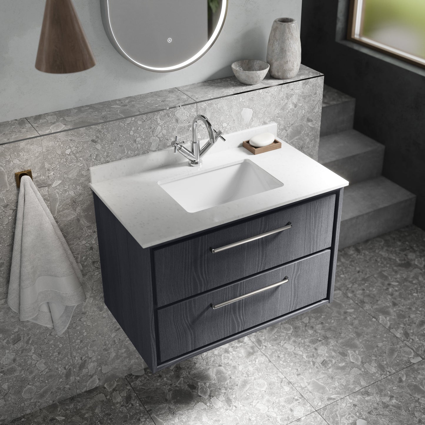 Hudson Reed Lille 800mm Wall Hung 2-Drawer Vanity with Marble Top Basin With Soft Close Drawers