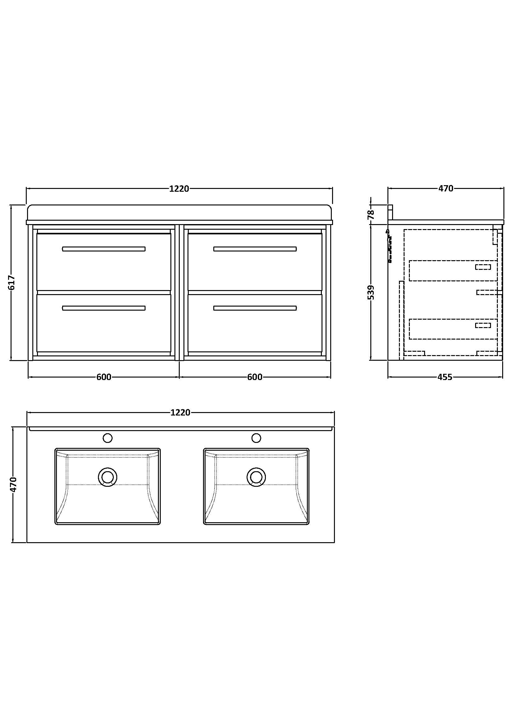 Hudson Reed Lille 1200mm Wall Hung 4-Drawer Vanity Unit With Double Marble Basins