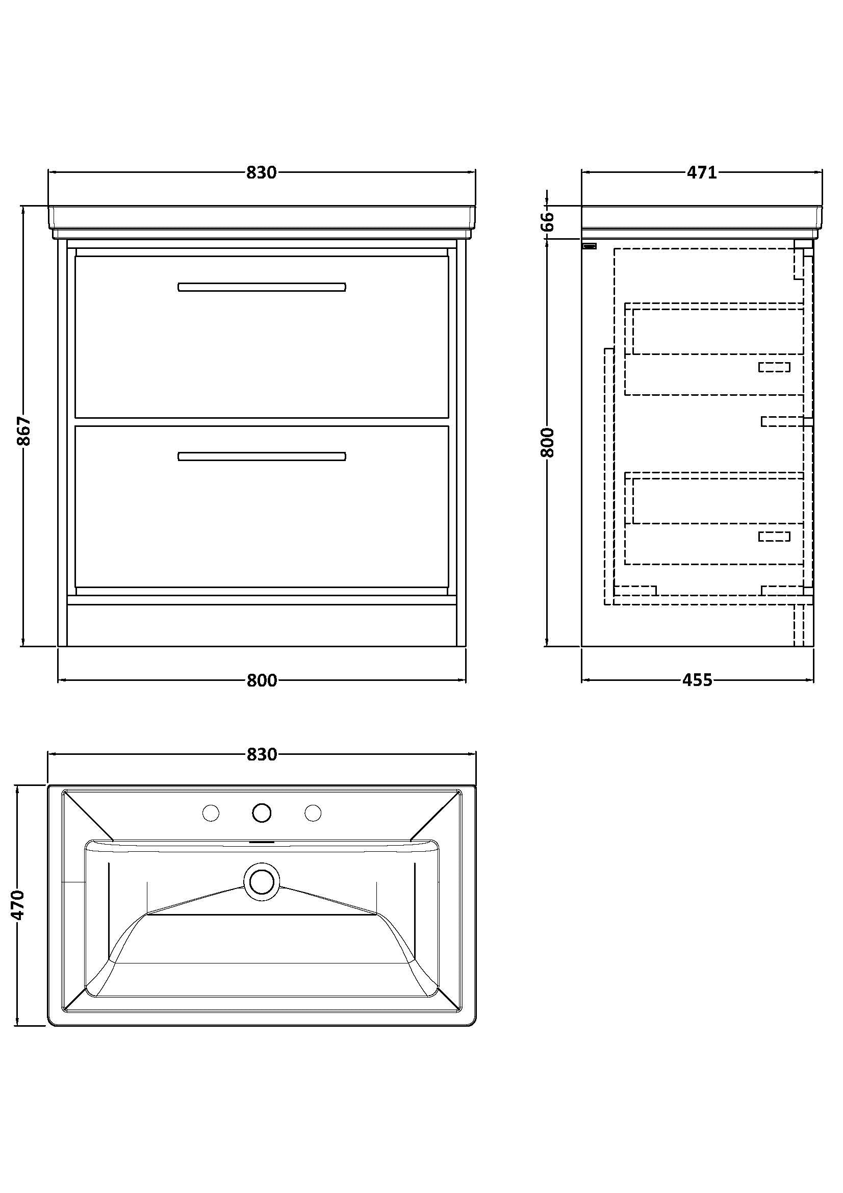 Lille 800mm Floor Standing 2-Drawer Vanity with Basin - 3 Tap Hole