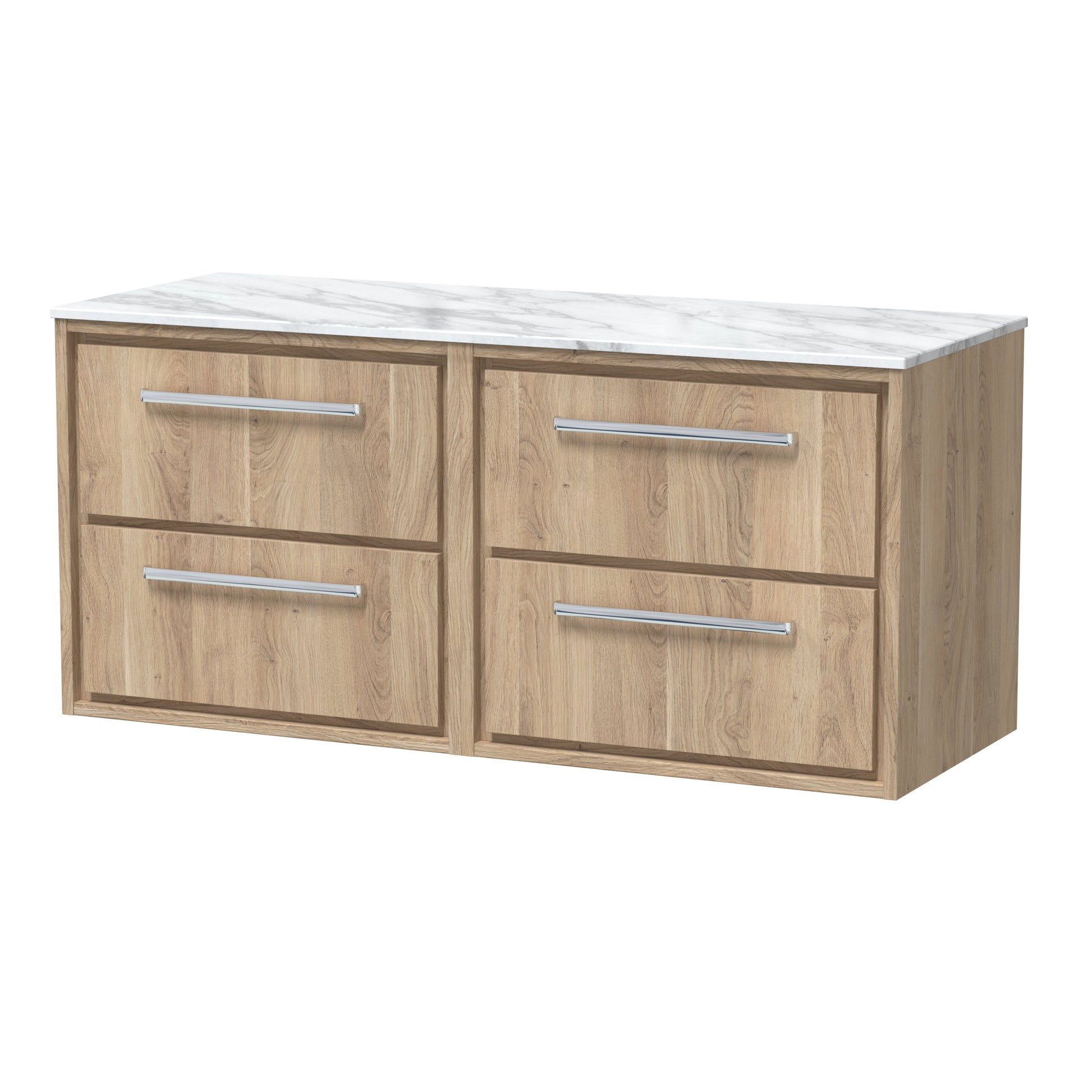 Hudson Reed Lille 610mm Bleached Oak Wall Hung 4-Drawer Vanity With Marble Worktop, With Handles