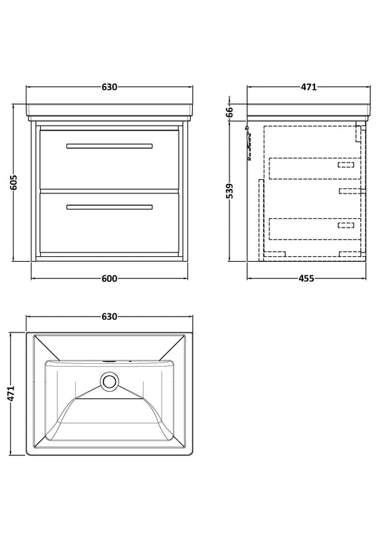 Hudson Reed Lille 600mm Wall Hung 2-Drawer Vanity Unit with 0 Tap Hole Basin
