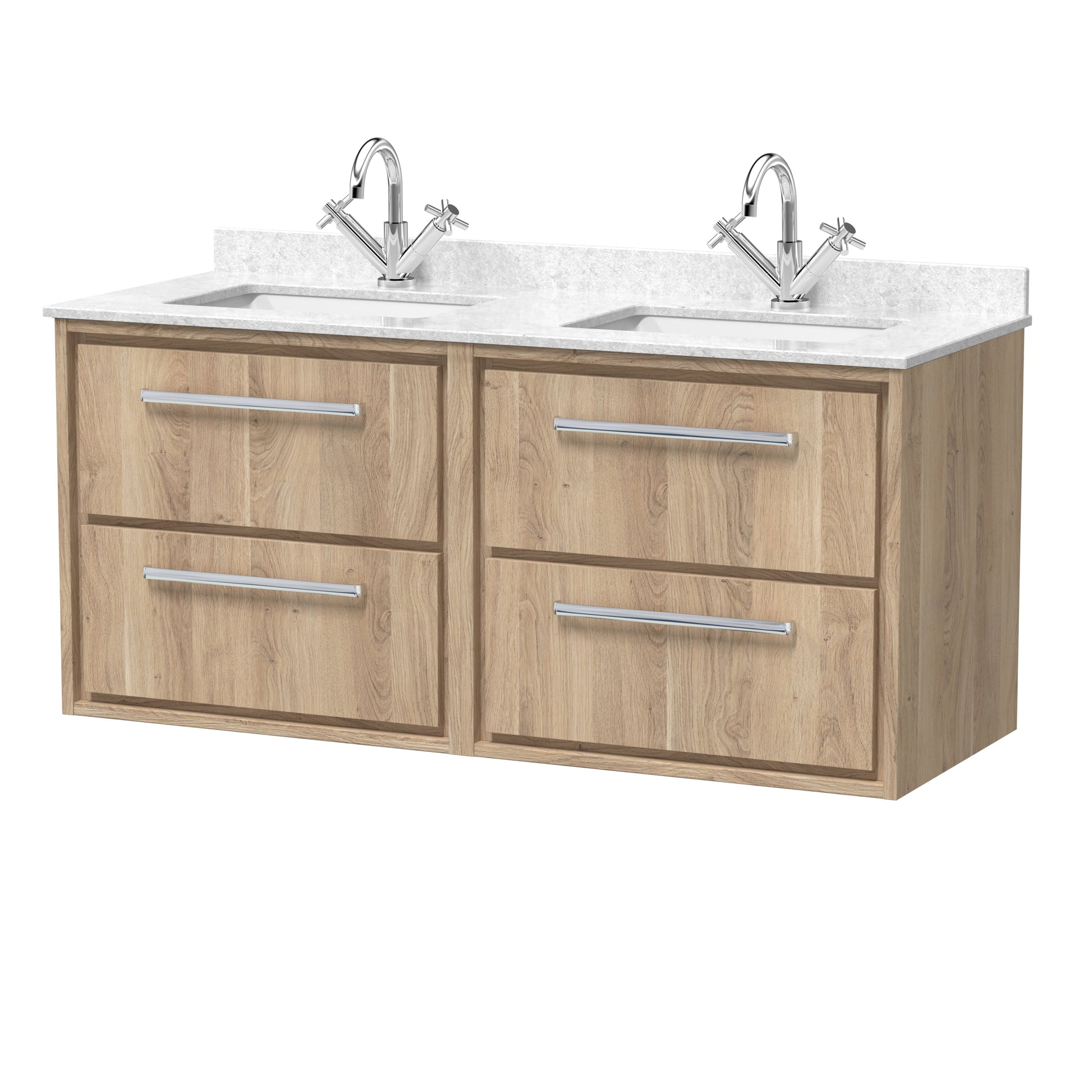 Hudson Reed Lille 1220mm Wall Hung 4-Drawer Bleached Oak Vanity Unit With Marble Worktop & Double Basins