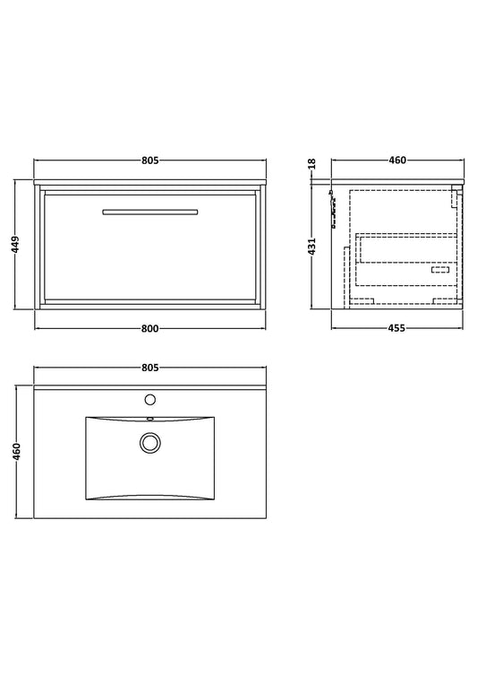 Lille 800mm Wall Hung Single Drawer Vanity with Basin - 1 Tap Hole