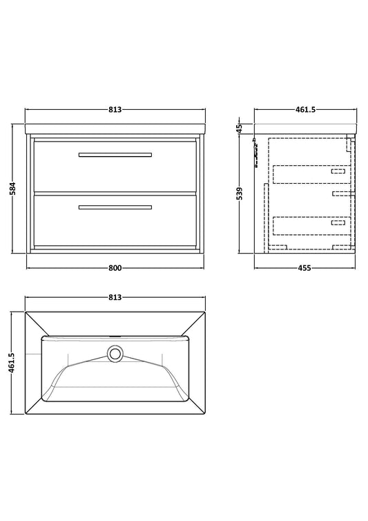 Hudson Reed Lille 800mm Wall Hung 2-Drawer Vanity with Basin, Soft Close Drawers