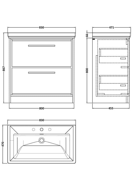 Lille 800mm Floor Standing 2-Drawer Vanity with Basin - 3 Tap Hole
