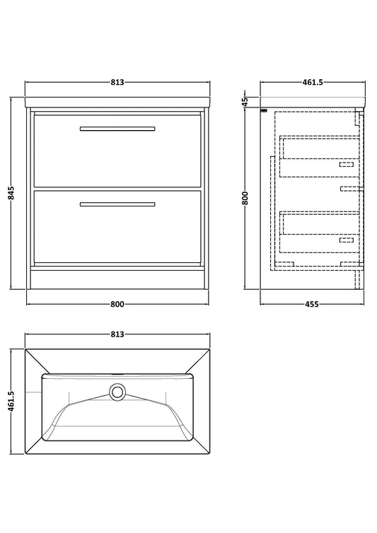 Lille 800mm Floor Standing 2-Drawer Vanity with Basin - 0 Tap Hole