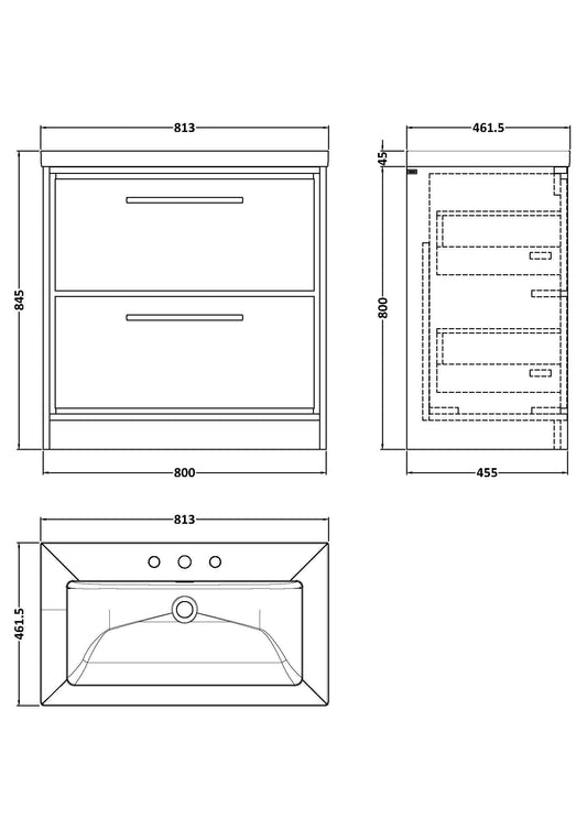 Lille 800mm Floor Standing 2-Drawer Vanity with Basin - 3 Tap Hole