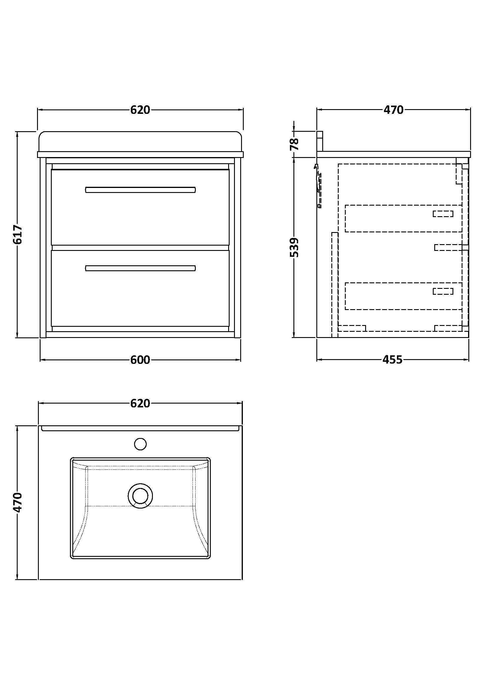 Lille 600mm Wall Hung 2-Drawer Vanity with Marble Worktop Basin
