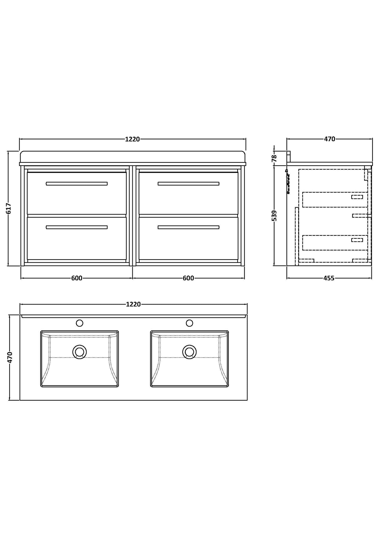 Hudson Reed Lille 1220mm Fern Green Wall Hung 4-Drawer Vanity Unit With Double Marble Basins