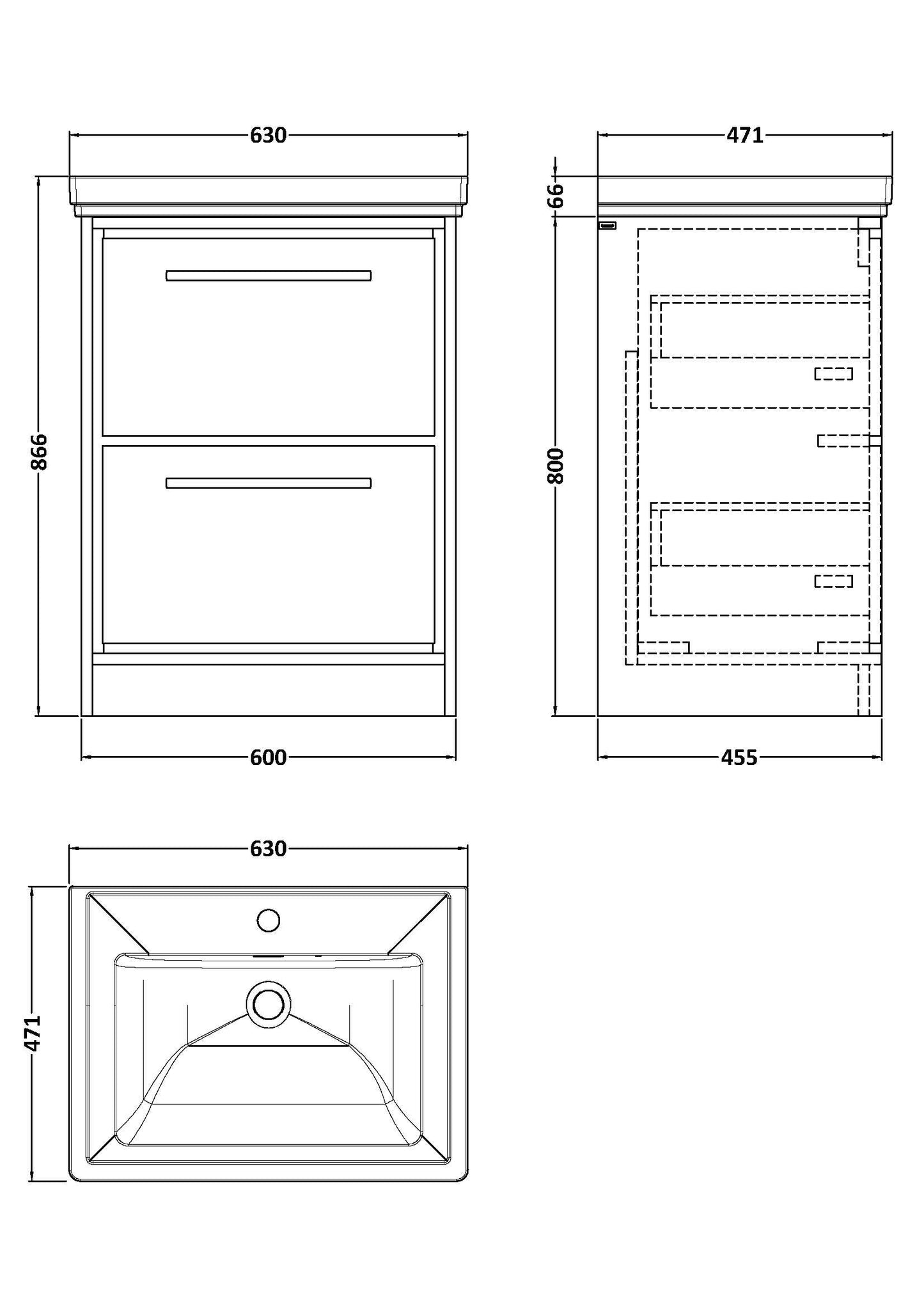 Lille 600mm Floor Standing 2-Drawer Vanity with Basin - 1 Tap Hole
