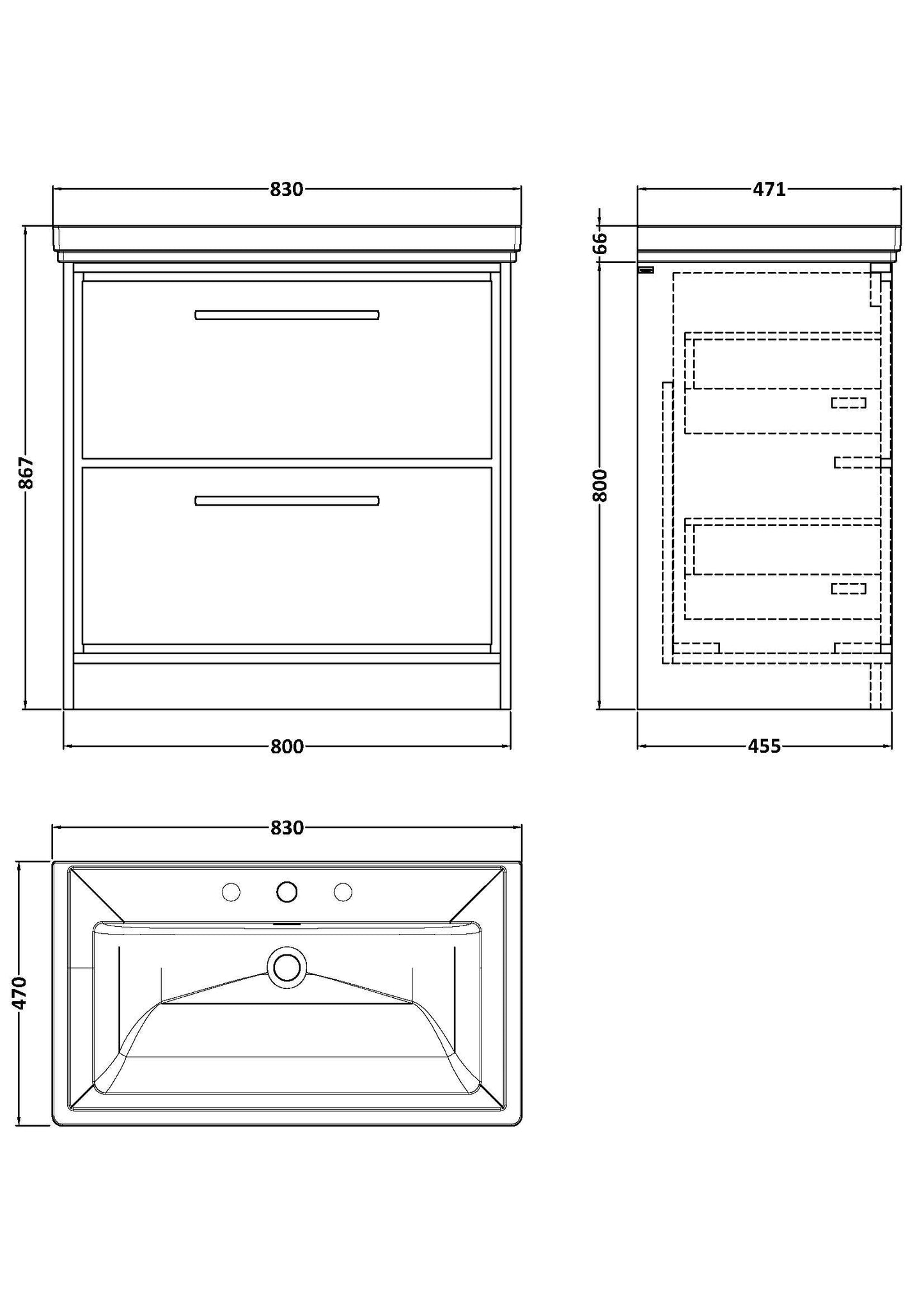 Lille 800mm Floor Standing 2-Drawer Vanity with Basin - 3 Tap Hole