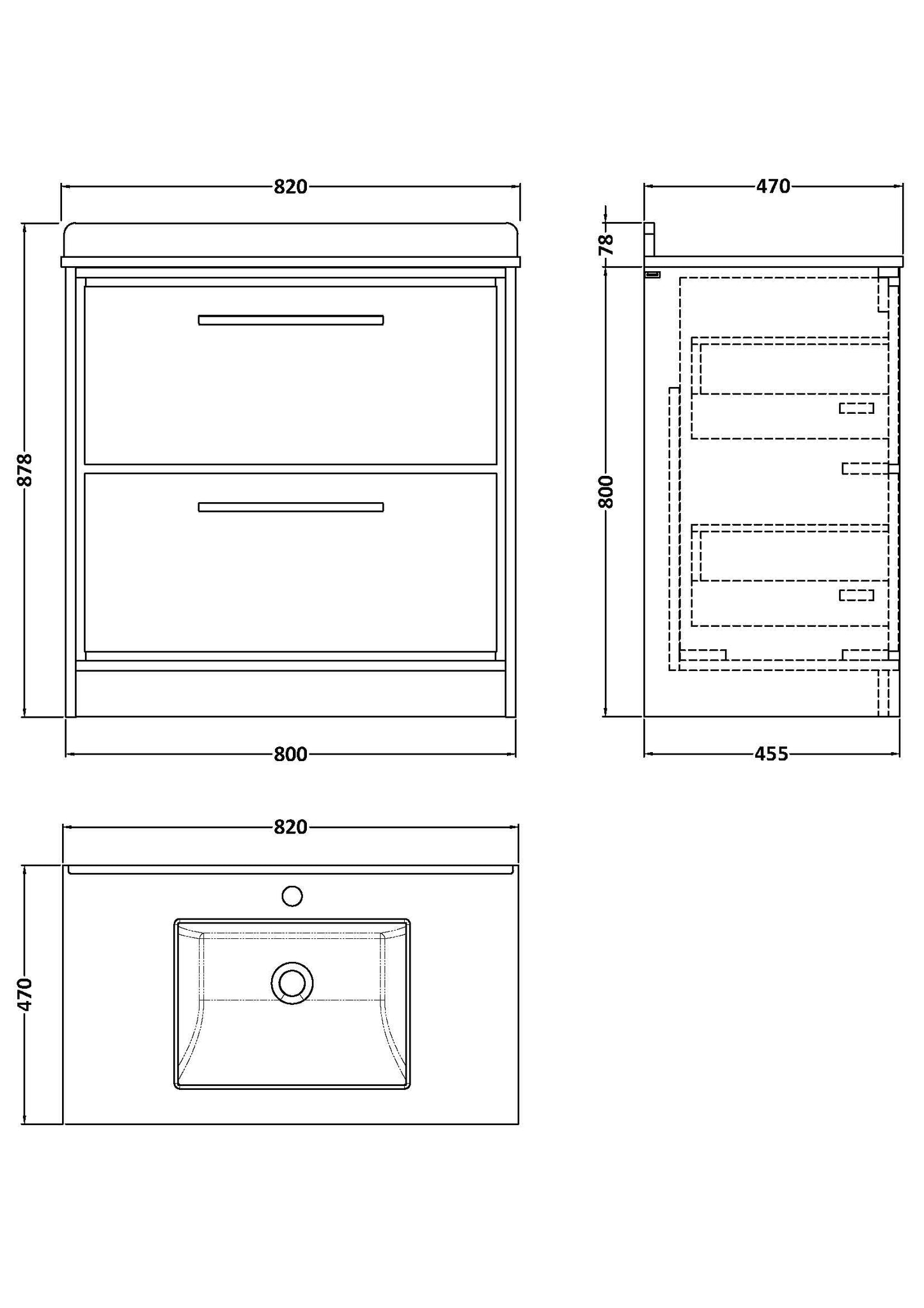 Lille 800mm Floor Standing 2-Drawer Vanity with Marble Worktop Basin