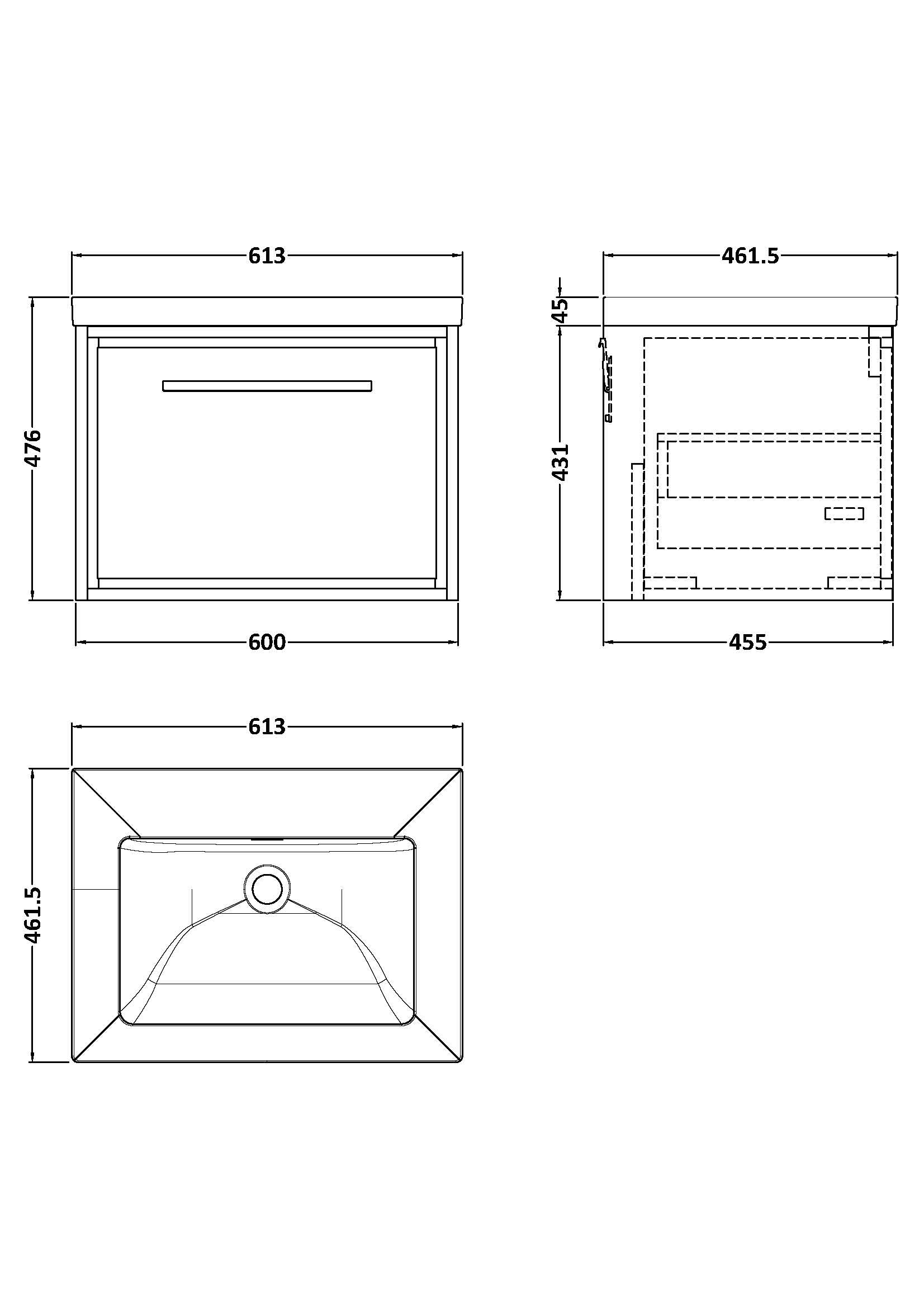 Lille 600mm Wall Hung Single Drawer Vanity with Basin - 0 Tap Hole