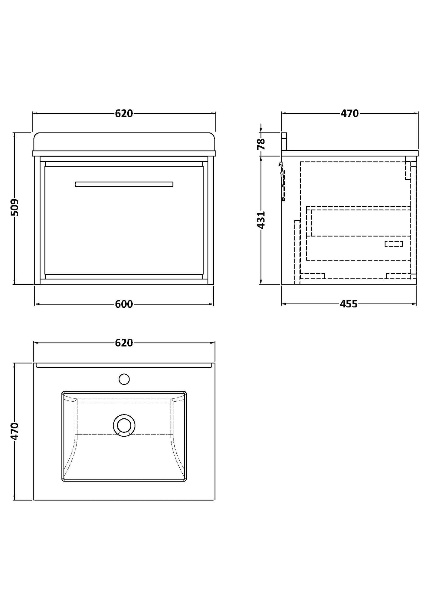 Lille 600mm Wall Hung Single Drawer Vanity with Marble Worktop Basin