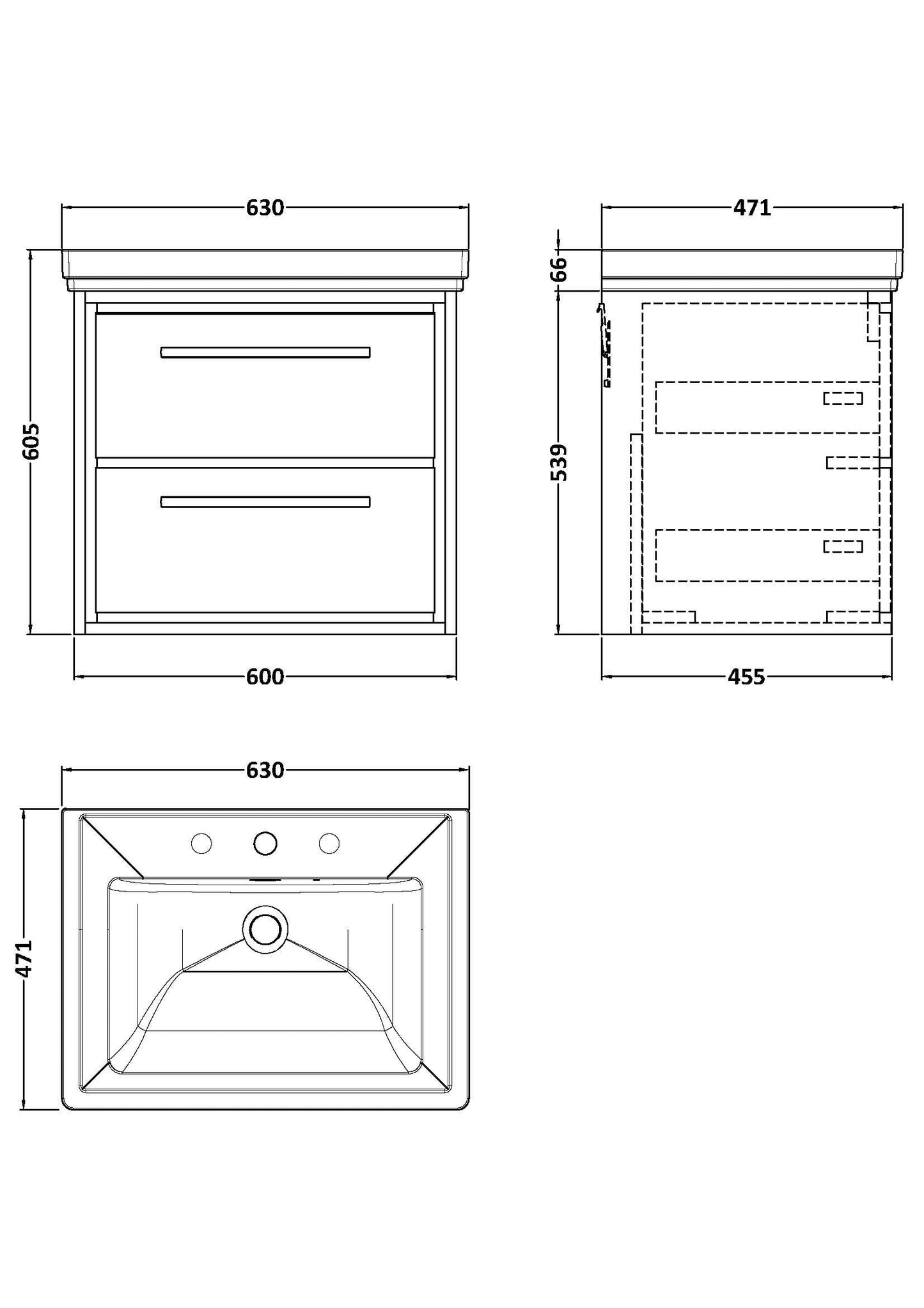 Hudson Reed Lille 630mm Pebble Grey Wall Hung 2-Drawer Vanity Unit With 3 Tap Hole Basin