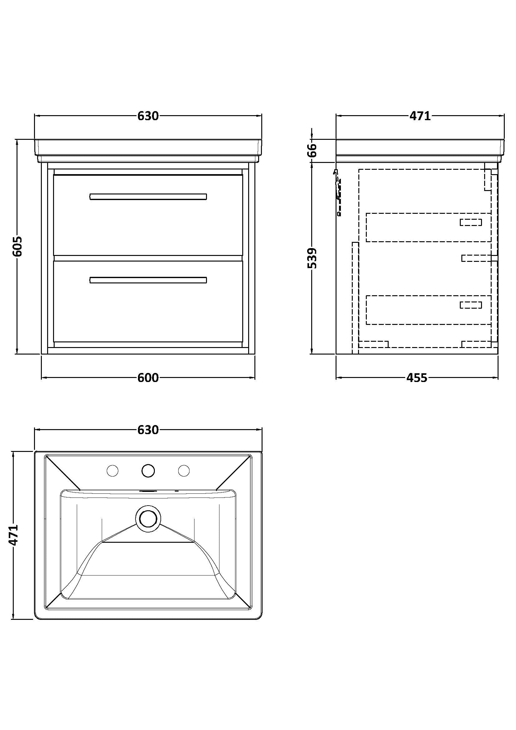 Hudson Reed Lille 630mm Pebble Grey Wall Hung 2-Drawer Vanity Unit With 3 Tap Hole Basin