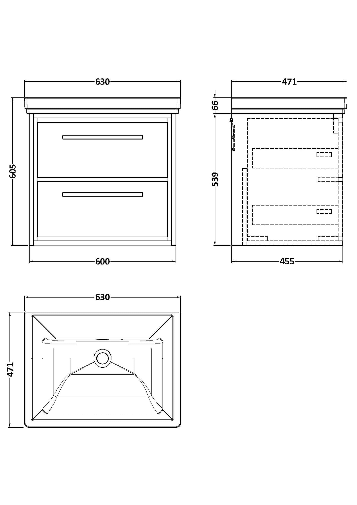 Lille 600mm Wall Hung 2-Drawer Vanity with Basin - 0 Tap Hole