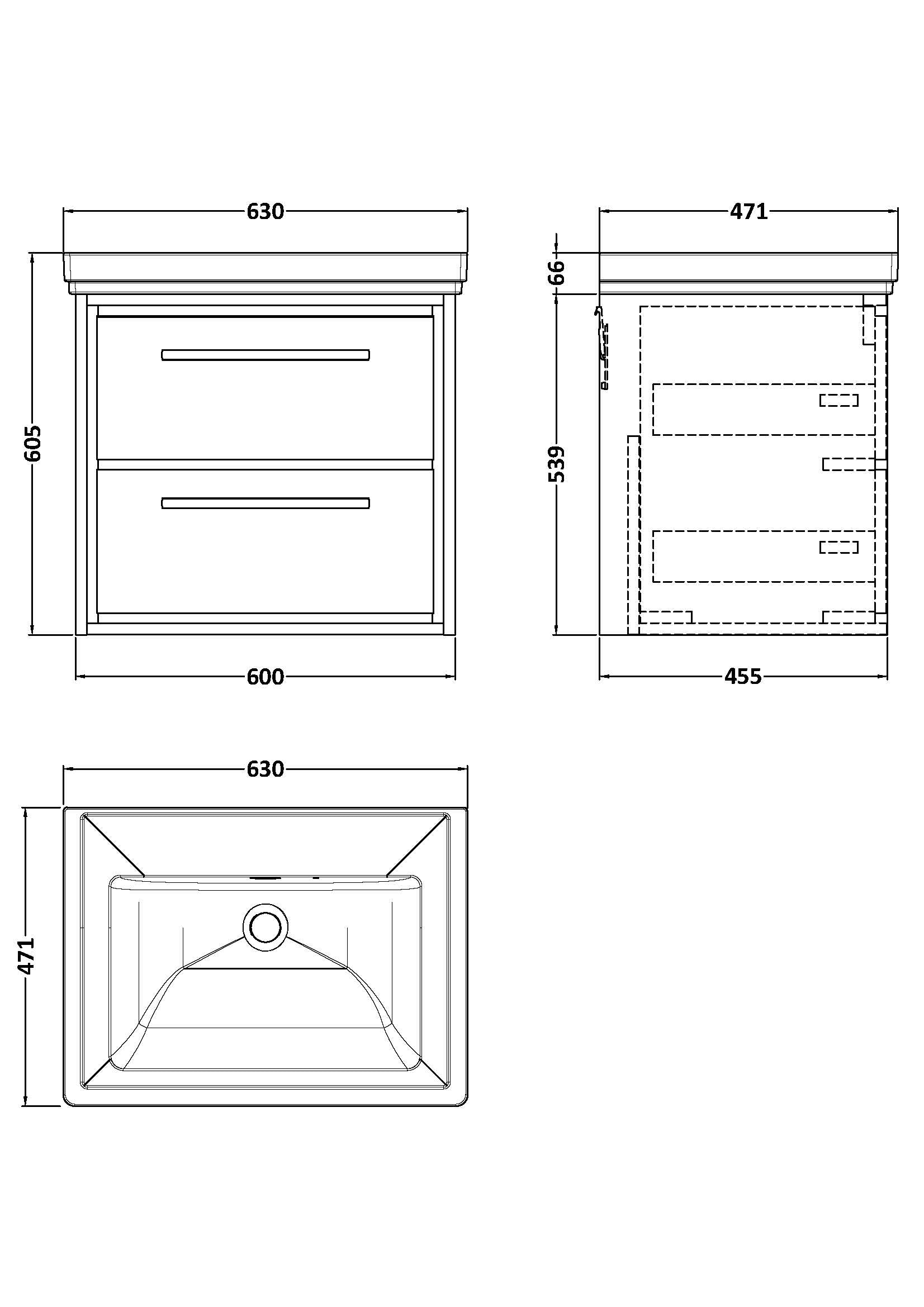 Lille 600mm Wall Hung 2-Drawer Vanity with Basin - 0 Tap Hole