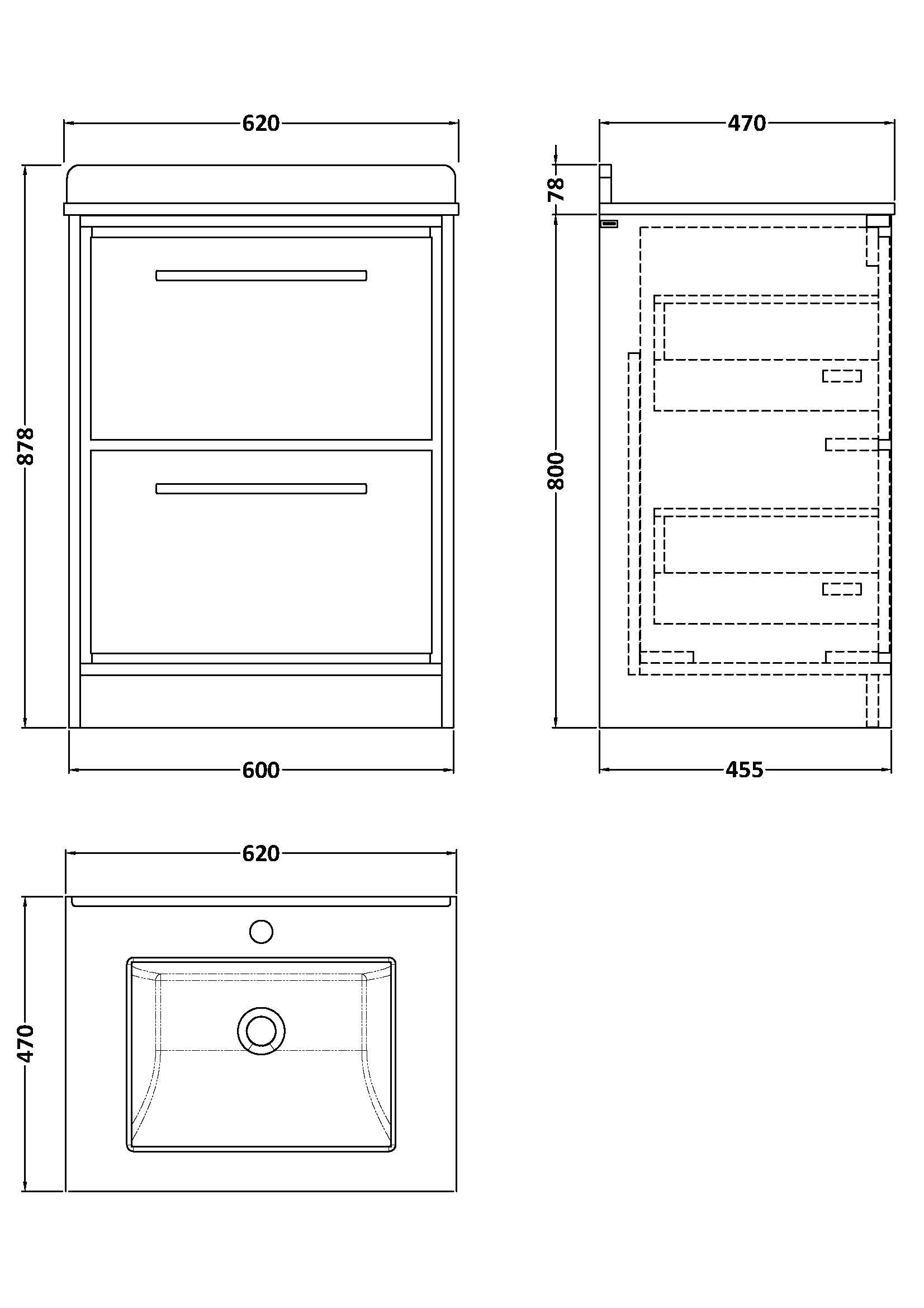 Lille 600mm Floor Standing 2-Drawer Vanity with Marble Worktop Basin