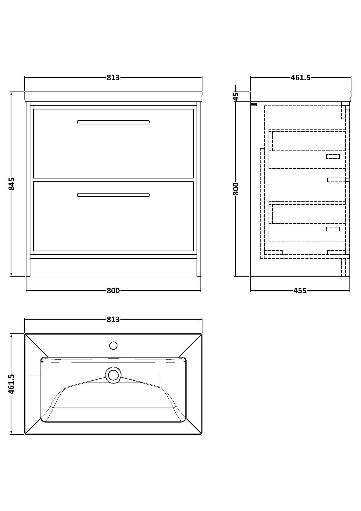 Lille 800mm Floor Standing 2-Drawer Vanity with Basin - 1 Tap Hole