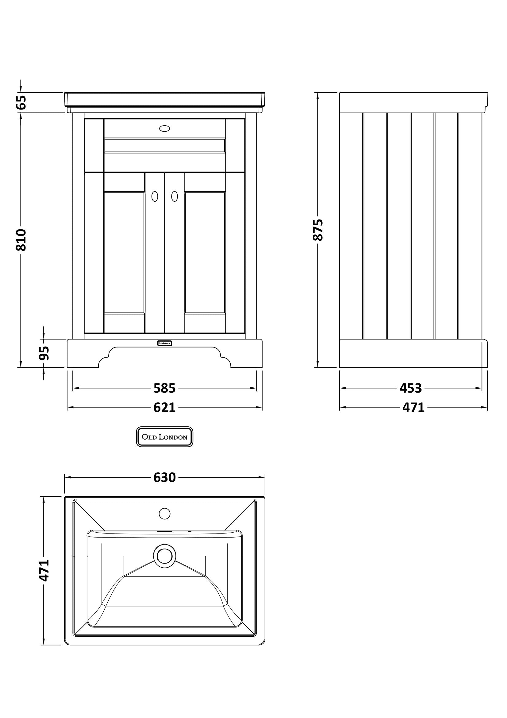 Hudson Reed Old London 600mm Floor Standing 2 Door Vanity Unit With Fireclay Basin