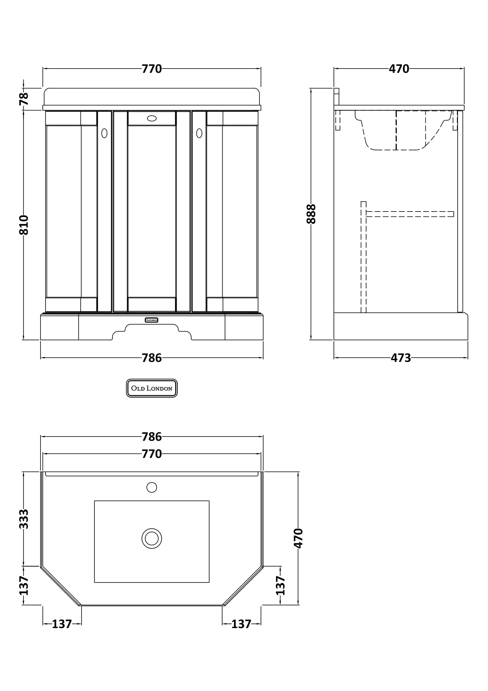 Floor Standing 3 Door Angled Vanity Unit with 1 Tap Hole White Marble Top 750mm