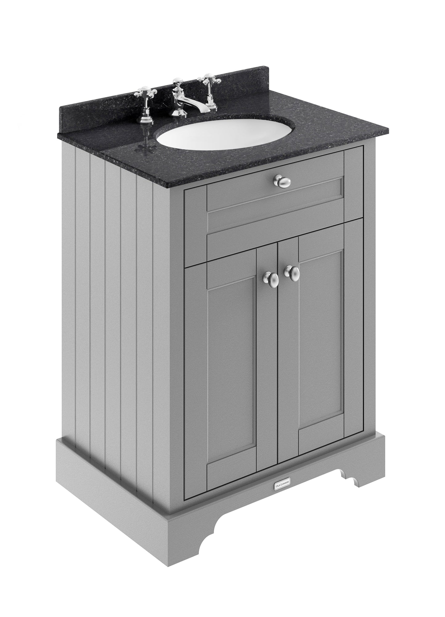 Hudson Reed Old London 600mm Storm Grey Floor Standing 2 Door Vanity Unit with 3 Tap Hole Black Marble Top