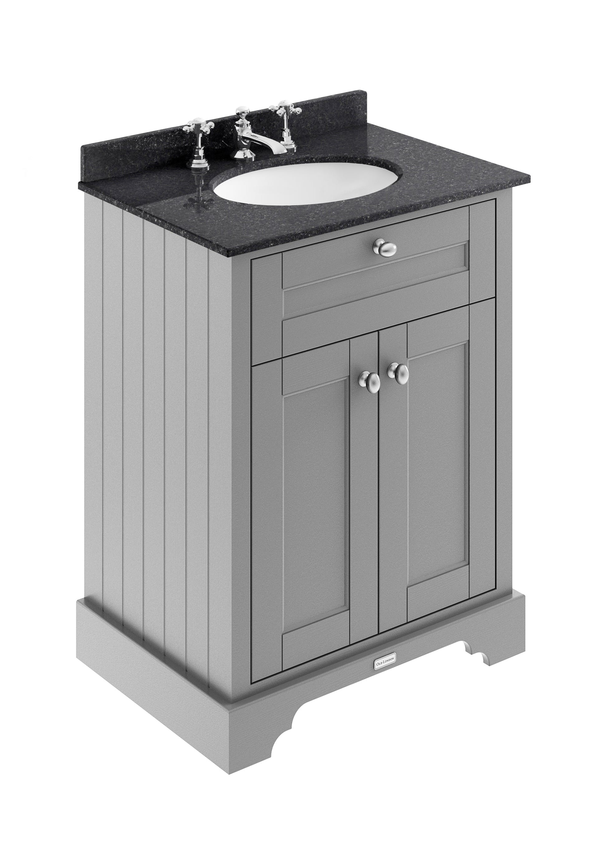Hudson Reed Old London 600mm Storm Grey Floor Standing 2 Door Vanity Unit with 3 Tap Hole Black Marble Top