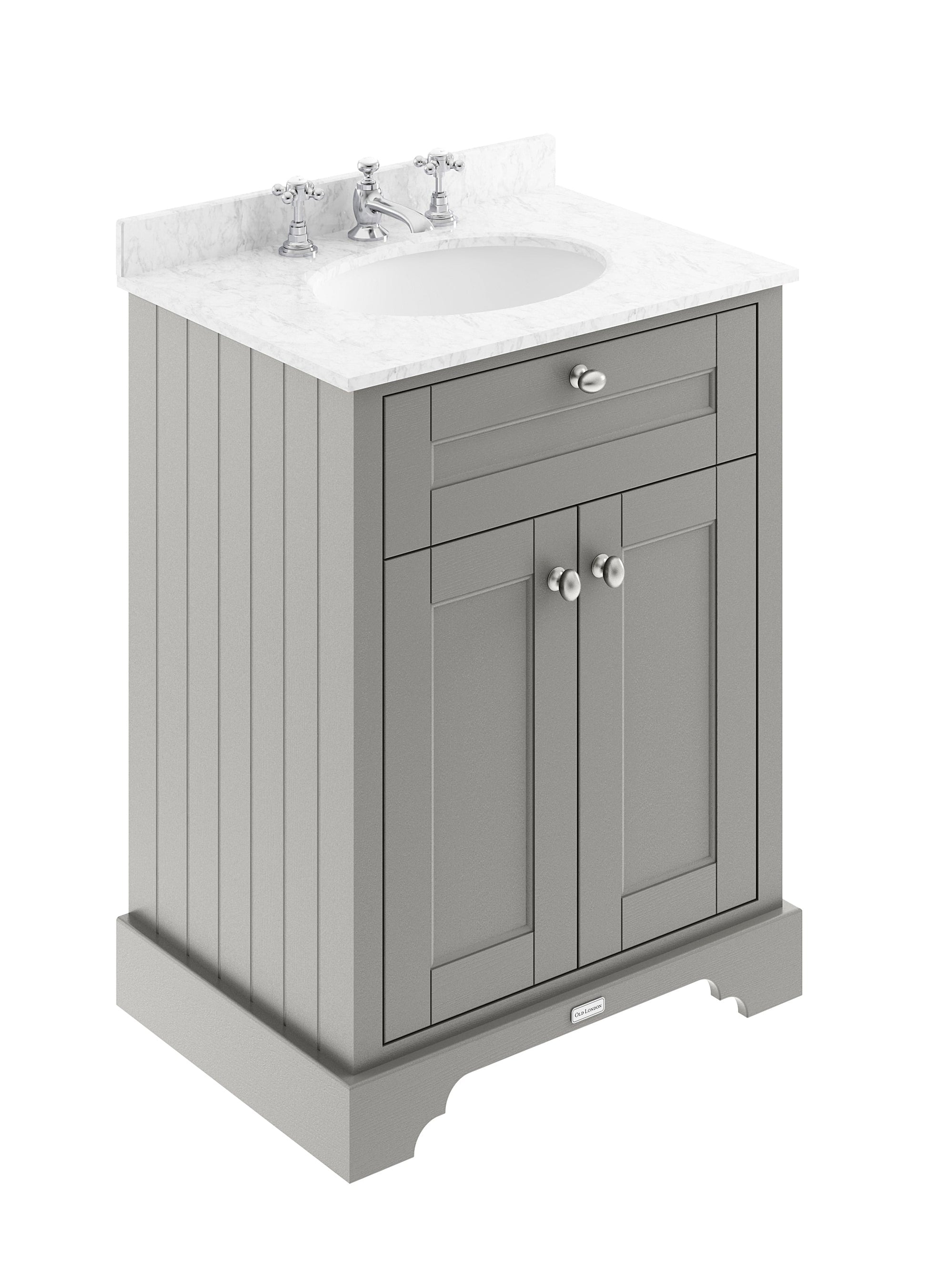 Hudson Reed Old London 600mm Floor Standing 2 Door Vanity Unit with 3 Tap Hole Grey Marble Top Basin & Soft Close Doors