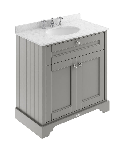 Hudson Reed Old London 800mm Storm Grey Floor Standing 2 Door Vanity Unit With 3 Tap Hole Grey Marble Top Basin
