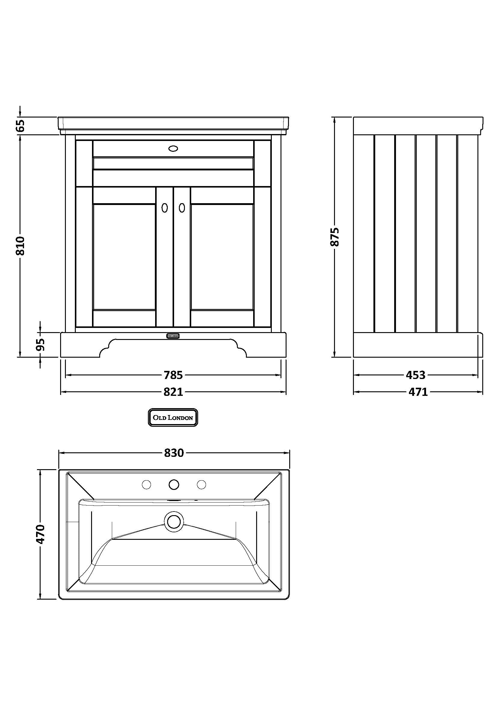 Hudson Reed Old London 830mm Storm Grey Floor Standing 2 Door Vanity Unit & Basin With 3 Tap Hole
